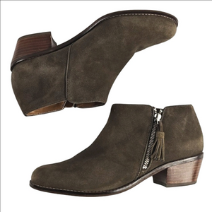 Vionic Joy Serena Taupe Kid Suede Tassel Side Zip Comfort Ankle Bootie